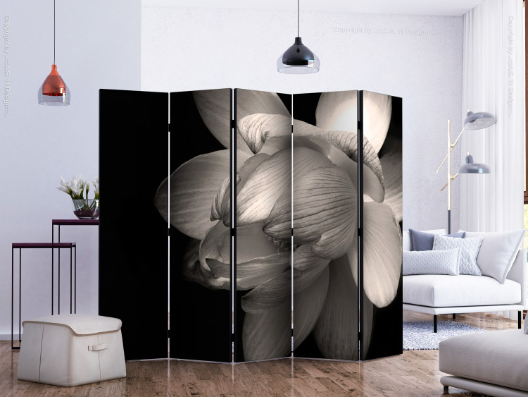 Room Divider Lotus Flower II (5-piece) - black and white composition with magnolia 132671 additionalImage 2