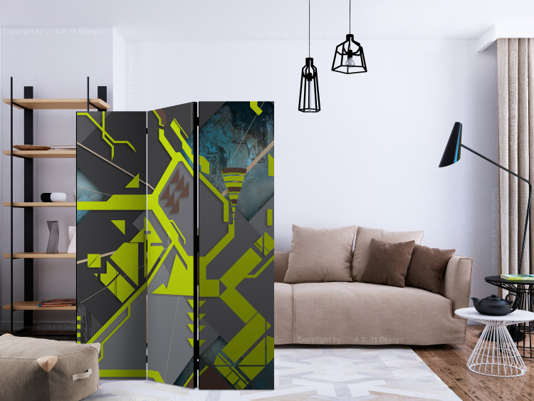 Folding Screen Dynamic Paths (3-piece) - gray abstraction with neon yellow 133271 additionalImage 4