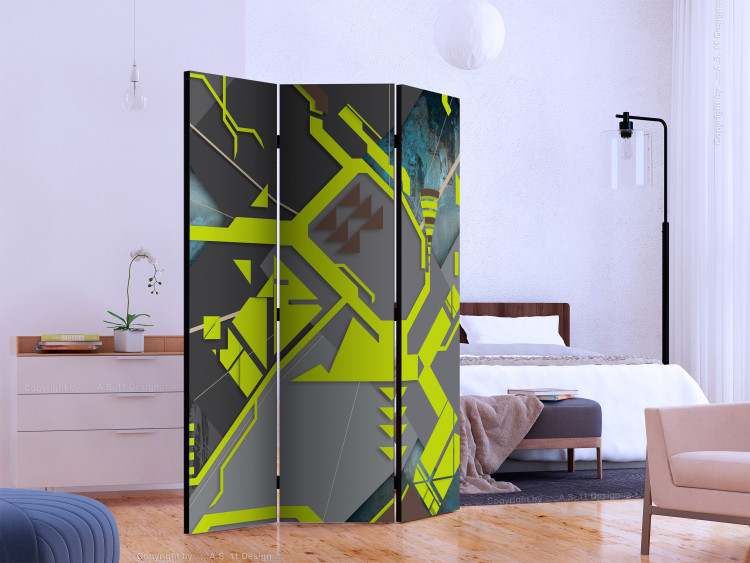 Folding Screen Dynamic Paths (3-piece) - gray abstraction with neon yellow 133271 additionalImage 2