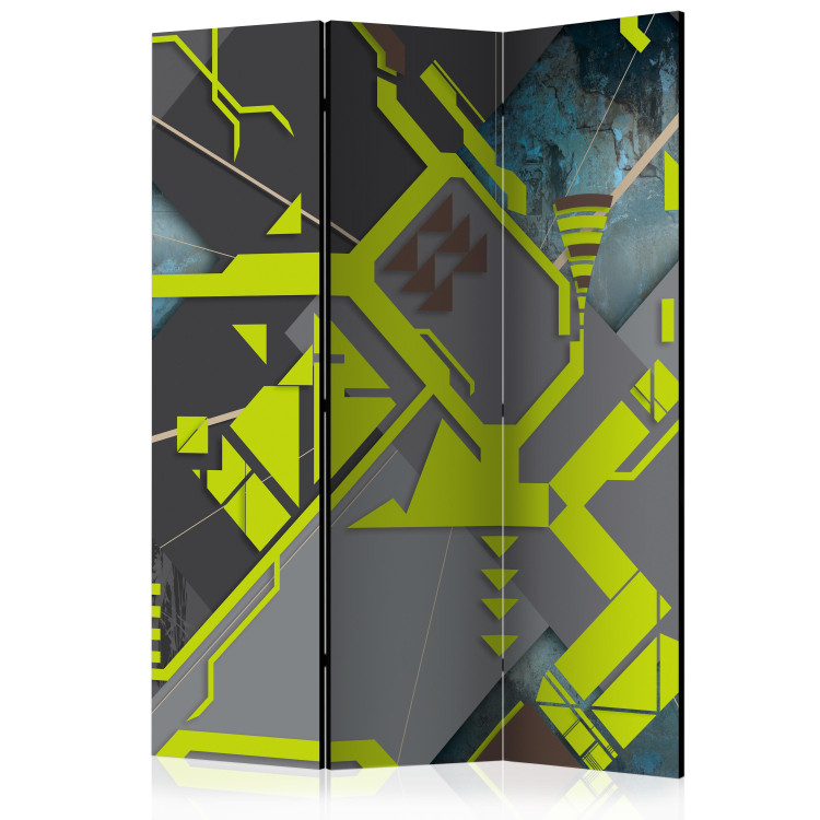 Folding Screen Dynamic Paths (3-piece) - gray abstraction with neon yellow 133271