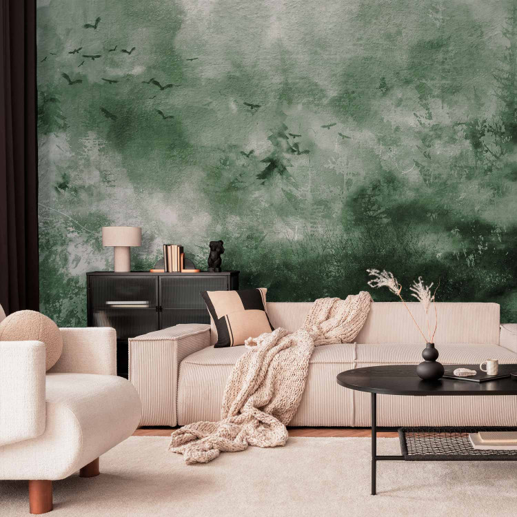 Photo Wallpaper Journey - green textured landscape with birds with painting effect texture 143771