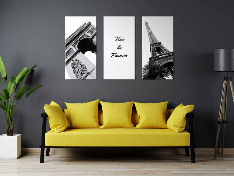Canvas Art Print Vive la France (3-piece) - black-and-white Paris and English inscription 144971 additionalImage 3