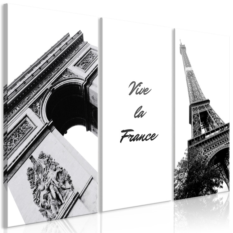 Canvas Art Print Vive la France (3-piece) - black-and-white Paris and English inscription 144971 additionalImage 2