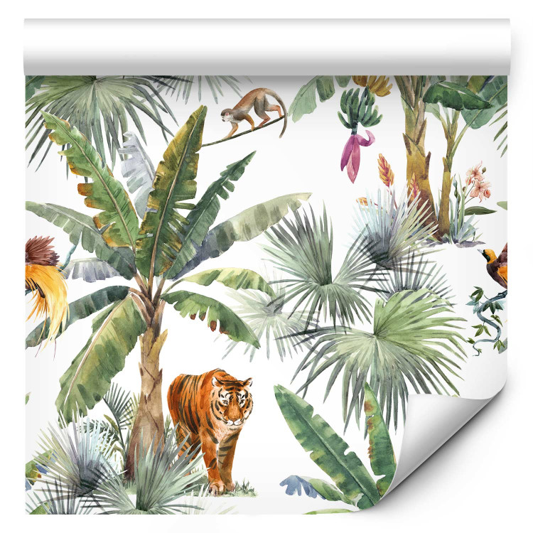 Modern Wallpaper Exotic Nature - Watercolor Palm Trees and Wild Animals on a White Background 149871 additionalImage 1