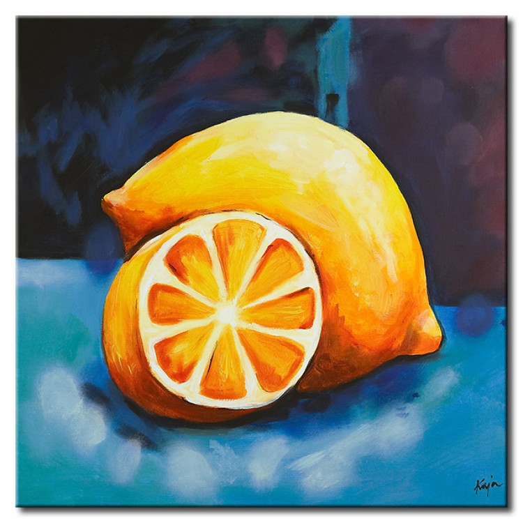 Canvas Yellow Lemon (1-piece) - still life with fruit on a blue background 46871
