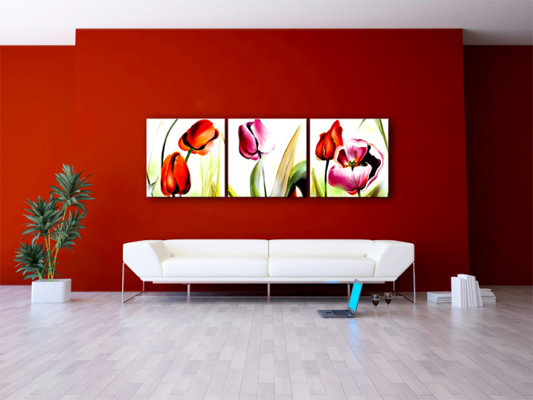 Canvas Art Print Tulips in the Sun (3-piece) - Colourful flowers on a solid background 48671 additionalImage 2