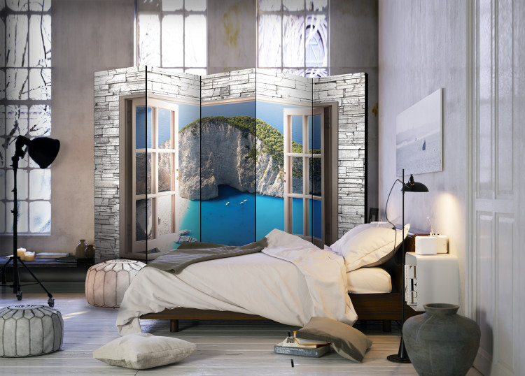 Room Divider Azure Paradise II - window on a stone texture with a seascape 95971 additionalImage 4