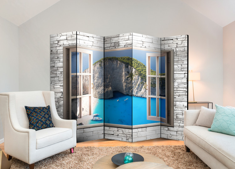 Room Divider Azure Paradise II - window on a stone texture with a seascape 95971 additionalImage 2