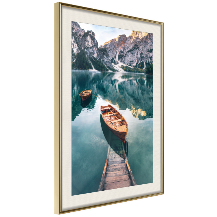 Poster Boats in the Dolomites - picturesque water landscape against a mountain range backdrop 116681 additionalImage 2