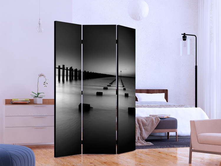 Room Divider Screen Beyond the Horizon (3-piece) - black and white landscape of calm sea 124181 additionalImage 2