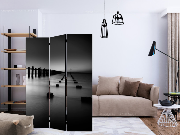 Room Divider Screen Beyond the Horizon (3-piece) - black and white landscape of calm sea 124181 additionalImage 4