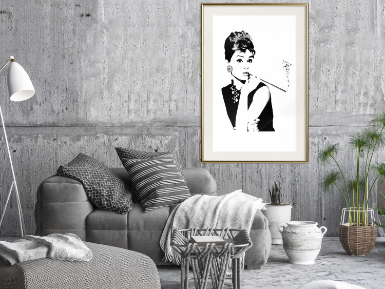 Wall Poster Audrey - black and white portrait of a woman smoking a pipe on a light background 126681 additionalImage 22