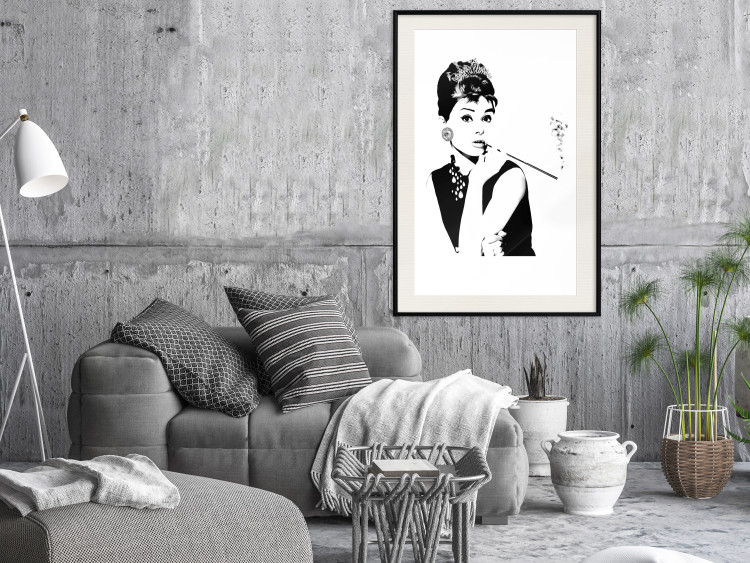 Wall Poster Audrey - black and white portrait of a woman smoking a pipe on a light background 126681 additionalImage 24