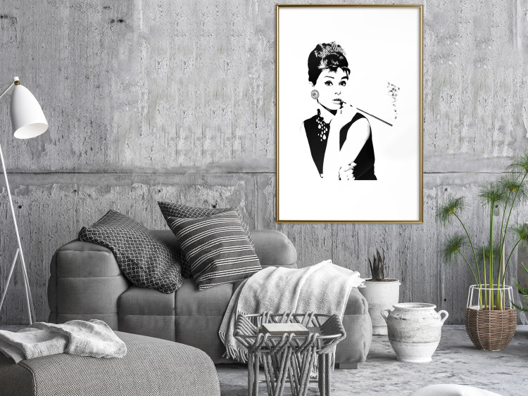 Wall Poster Audrey - black and white portrait of a woman smoking a pipe on a light background 126681 additionalImage 15