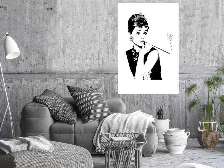 Wall Poster Audrey - black and white portrait of a woman smoking a pipe on a light background 126681 additionalImage 2