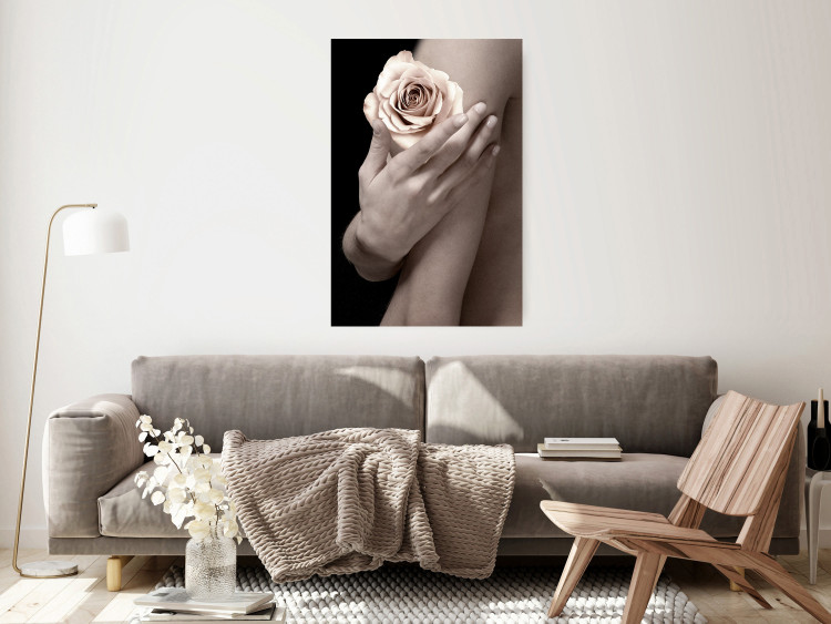 Wall Poster Subtle Fragrance - woman's hand holding rose flower on black background 128081 additionalImage 4