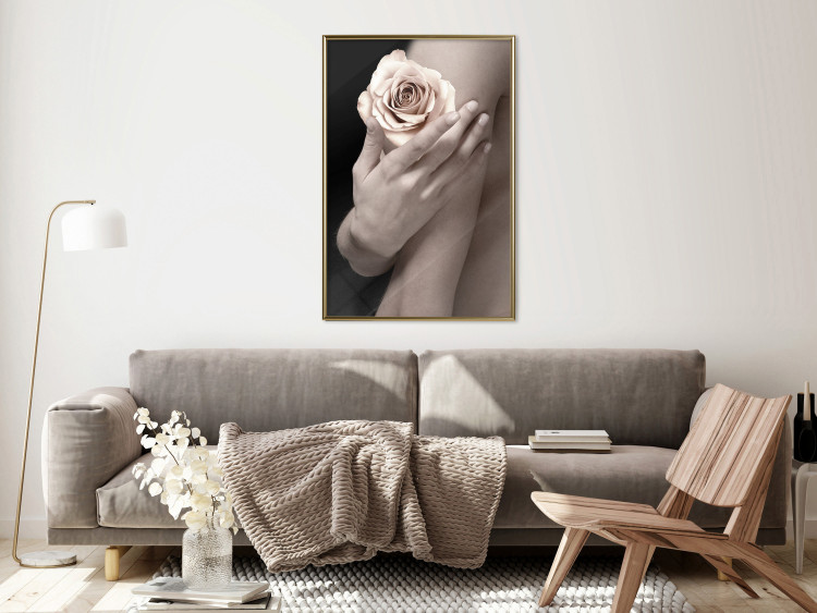 Wall Poster Subtle Fragrance - woman's hand holding rose flower on black background 128081 additionalImage 7