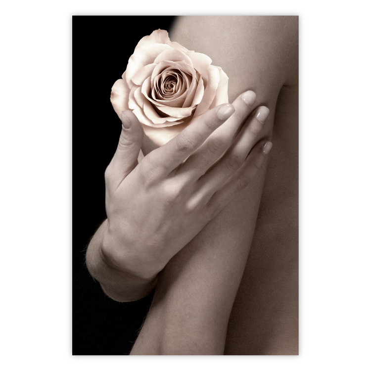 Wall Poster Subtle Fragrance - woman's hand holding rose flower on black background 128081
