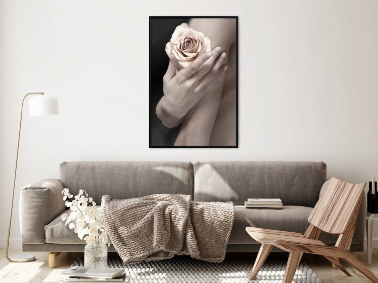 Wall Poster Subtle Fragrance - woman's hand holding rose flower on black background 128081 additionalImage 4