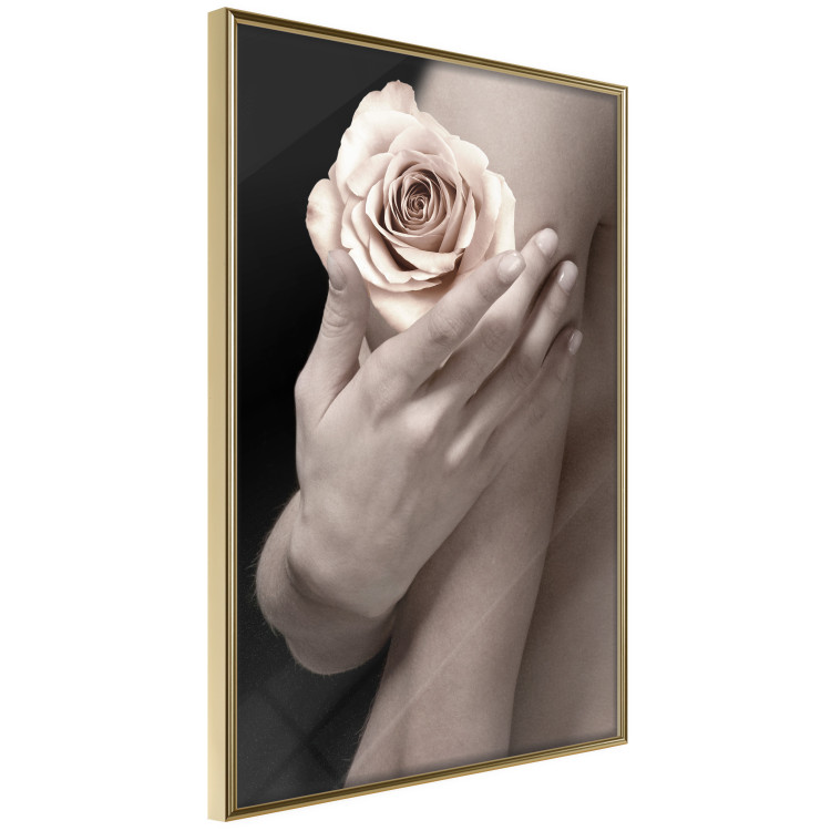 Wall Poster Subtle Fragrance - woman's hand holding rose flower on black background 128081 additionalImage 14