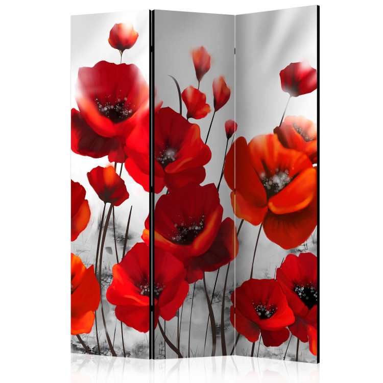 Room Divider Screen Poppies in Moonlight (3-piece) - red flowers on a gray background 128981