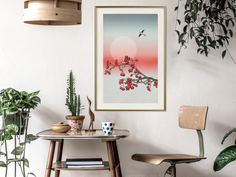 Poster Winter Rose - botanical abstraction with plant and bird against sky backdrop 129381 additionalImage 22