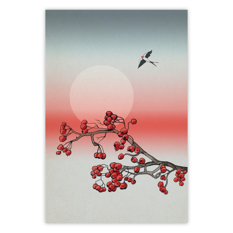 Poster Winter Rose - botanical abstraction with plant and bird against sky backdrop 129381