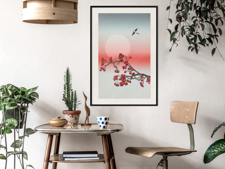 Poster Winter Rose - botanical abstraction with plant and bird against sky backdrop 129381 additionalImage 24
