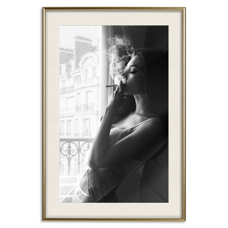 Wall Poster Blissful Moment - black and white photograph of a woman smoking a cigarette 132281 additionalImage 20