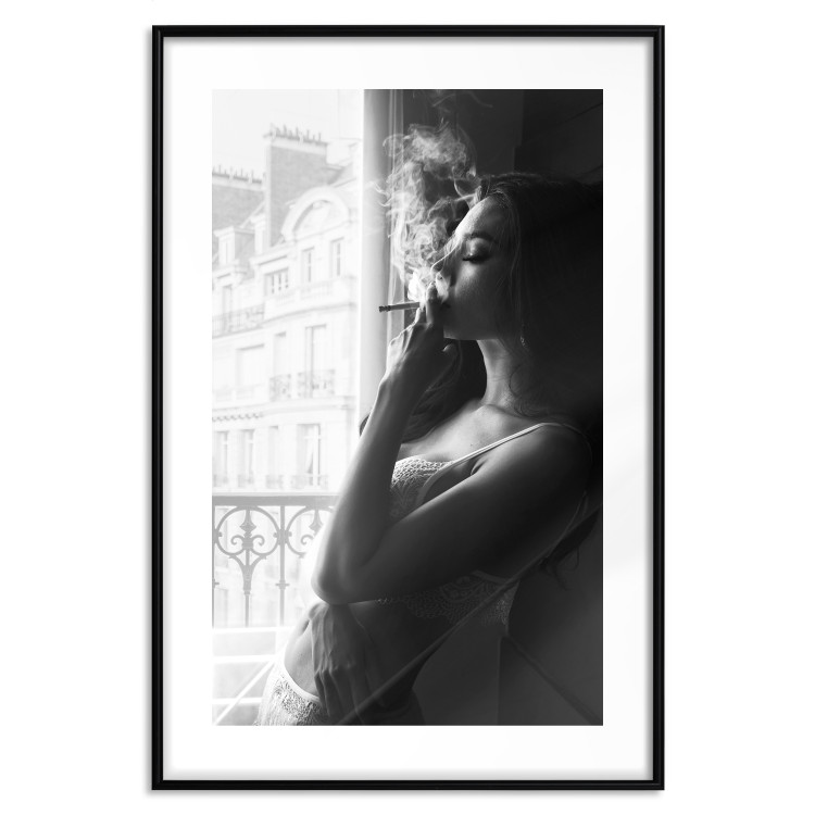 Wall Poster Blissful Moment - black and white photograph of a woman smoking a cigarette 132281 additionalImage 17