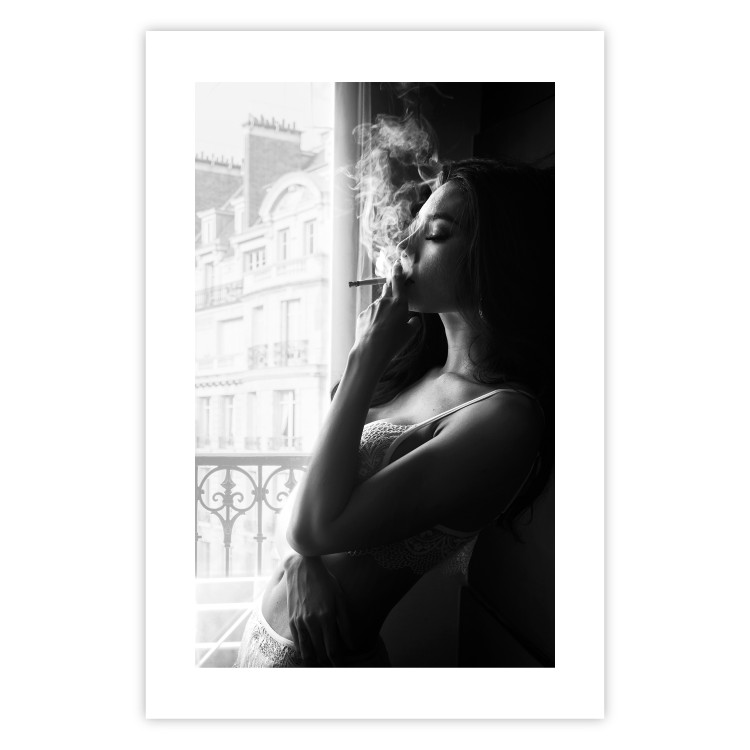 Wall Poster Blissful Moment - black and white photograph of a woman smoking a cigarette 132281 additionalImage 25