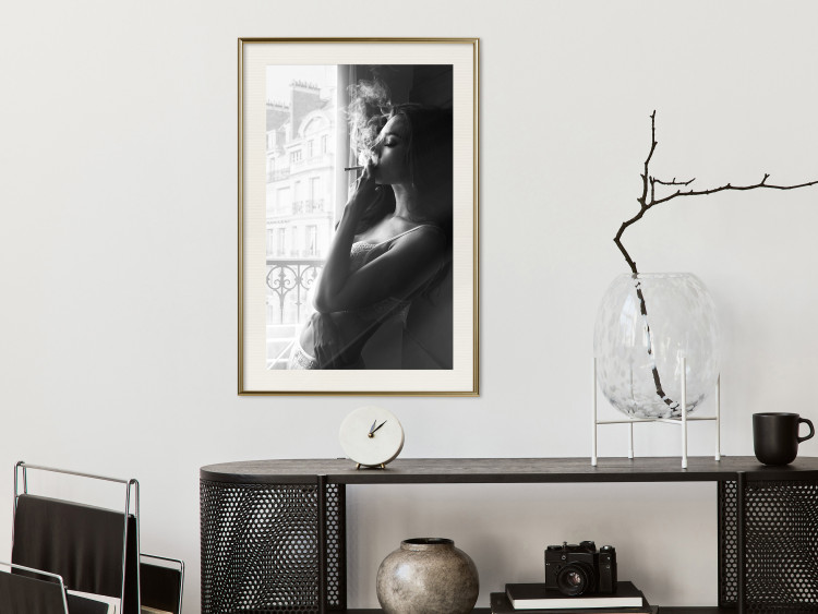 Wall Poster Blissful Moment - black and white photograph of a woman smoking a cigarette 132281 additionalImage 22