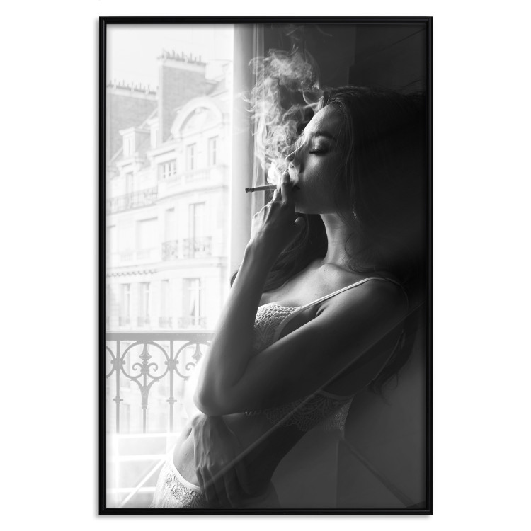 Wall Poster Blissful Moment - black and white photograph of a woman smoking a cigarette 132281 additionalImage 18