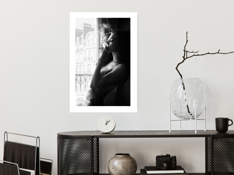Wall Poster Blissful Moment - black and white photograph of a woman smoking a cigarette 132281 additionalImage 3
