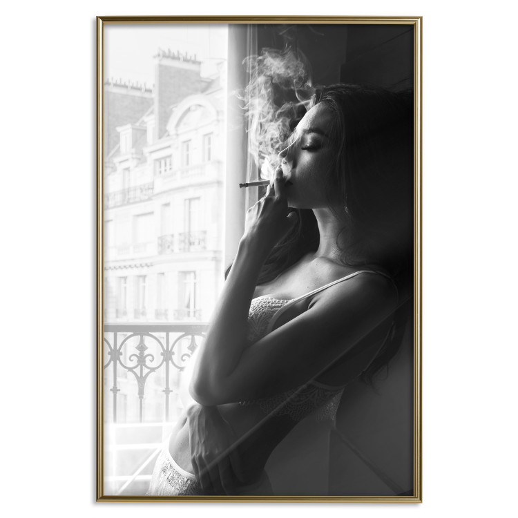 Wall Poster Blissful Moment - black and white photograph of a woman smoking a cigarette 132281 additionalImage 21