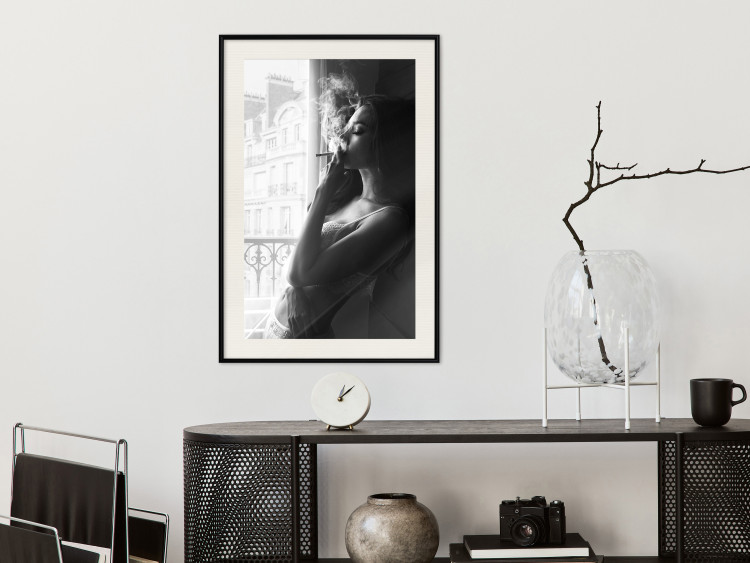 Wall Poster Blissful Moment - black and white photograph of a woman smoking a cigarette 132281 additionalImage 24