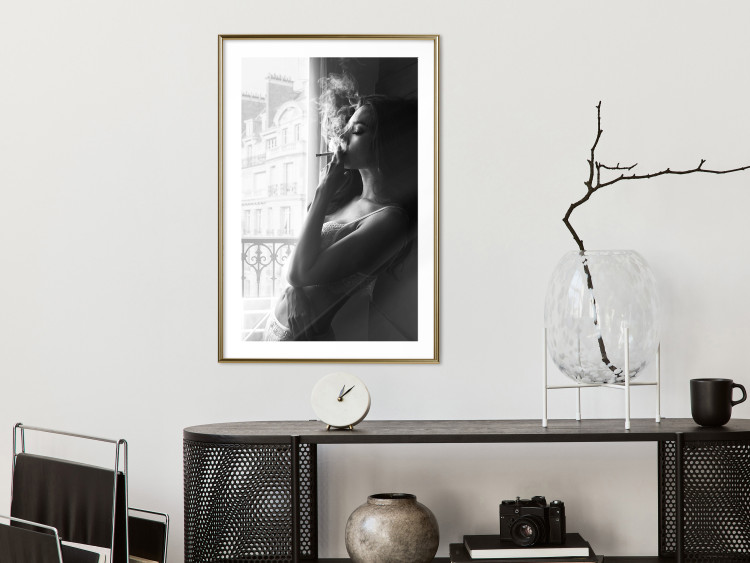 Wall Poster Blissful Moment - black and white photograph of a woman smoking a cigarette 132281 additionalImage 13