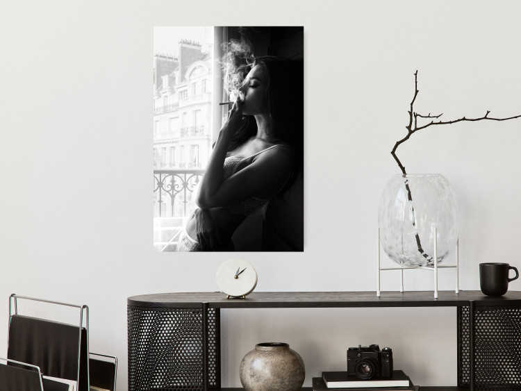 Wall Poster Blissful Moment - black and white photograph of a woman smoking a cigarette 132281 additionalImage 4