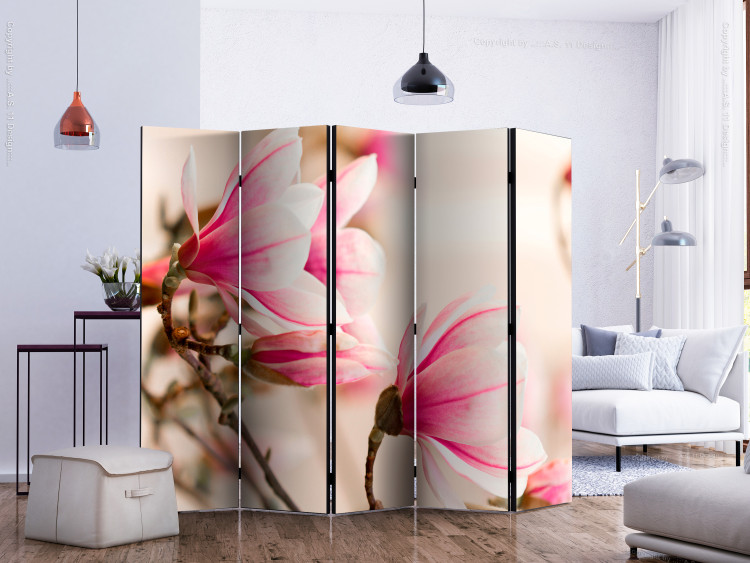 Folding Screen Branch of Magnolia Tree II (5-piece) - pink flowers on a light background 132781 additionalImage 2