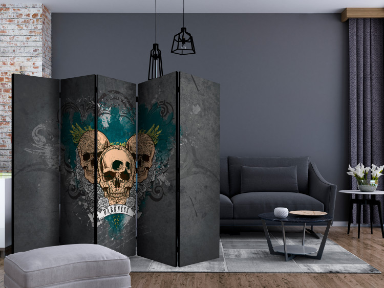 Room Separator Darkness II (5-piece) - composition with three skulls and white flowers 133281 additionalImage 4