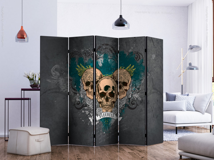 Room Separator Darkness II (5-piece) - composition with three skulls and white flowers 133281 additionalImage 2