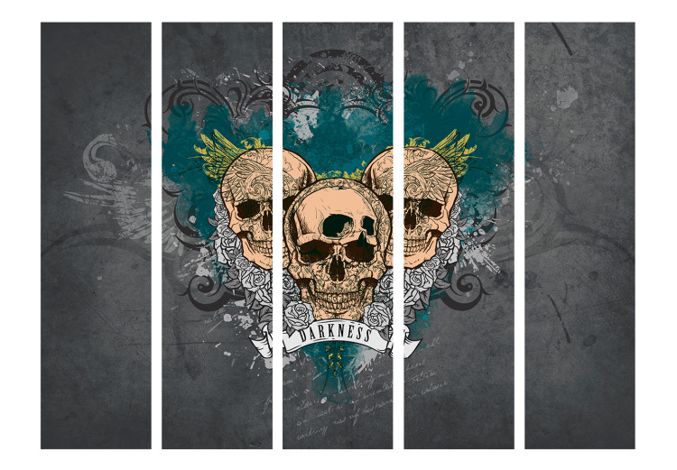 Room Separator Darkness II (5-piece) - composition with three skulls and white flowers 133281 additionalImage 3