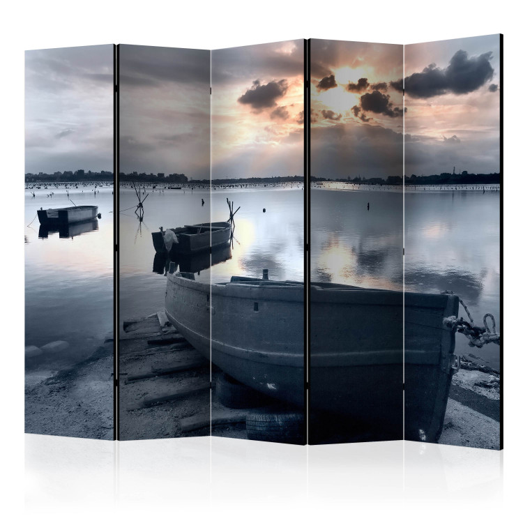 Folding Screen Little Port Boats II - boat landscape on the beach against the sunset 133981