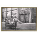 Wall Poster Casual Pose - black and white landscape of a woman in a chair with a building in the background 134181 additionalThumb 21
