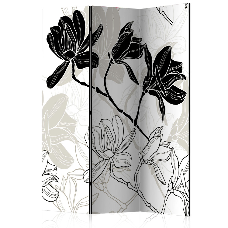 Room Divider Flowers B&W (3-piece) - black and white composition of blooming flowers 134281