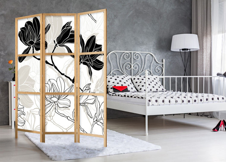 Room Divider Flowers B&W (3-piece) - black and white composition of blooming flowers 134281 additionalImage 6