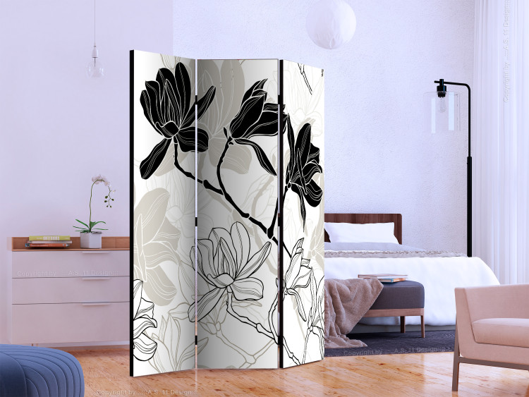Room Divider Flowers B&W (3-piece) - black and white composition of blooming flowers 134281 additionalImage 2