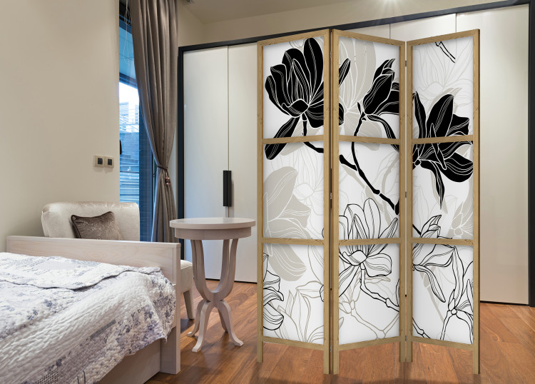 Room Divider Flowers B&W (3-piece) - black and white composition of blooming flowers 134281 additionalImage 8