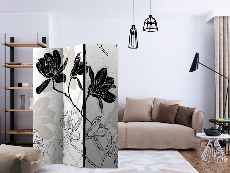 Room Divider Flowers B&W (3-piece) - black and white composition of blooming flowers 134281 additionalImage 4