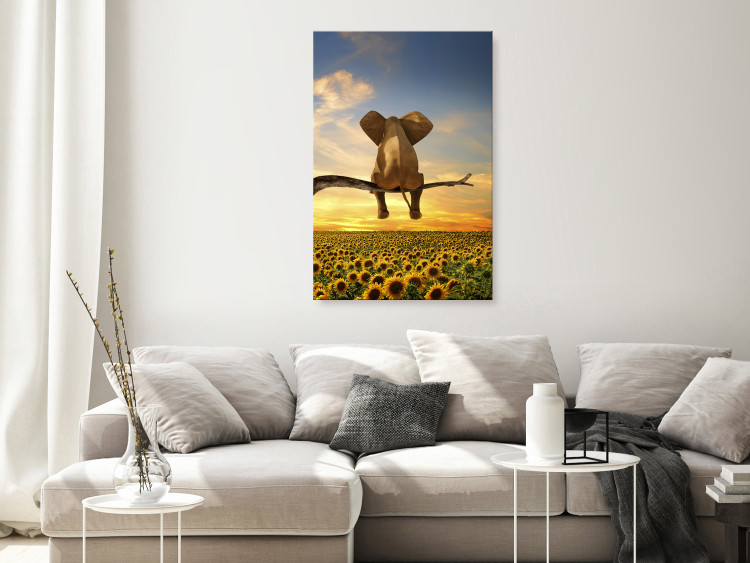 Canvas Elephant and Sunflowers (1-piece) Vertical - fantasy with a sunset 142681 additionalImage 3